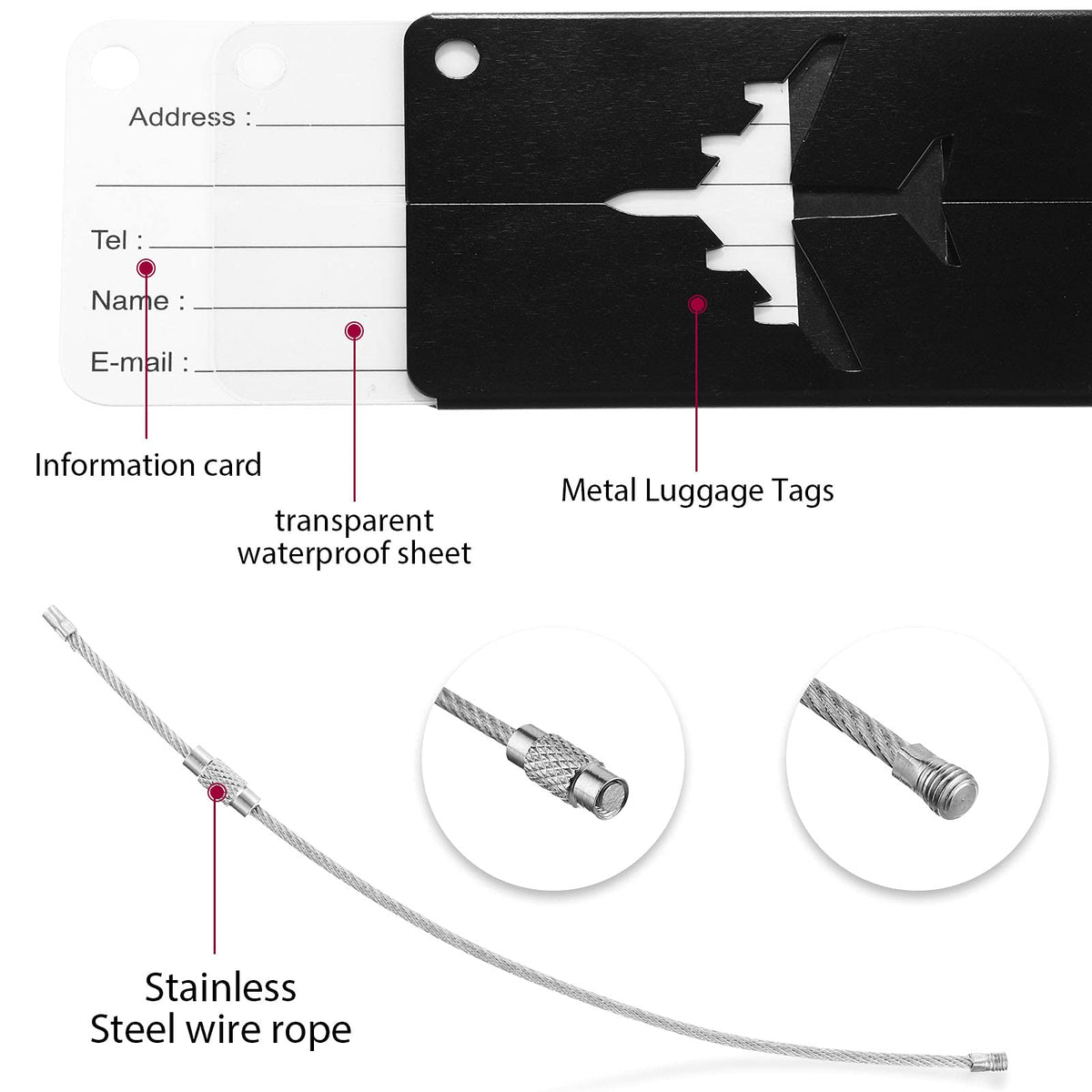 ZIBUYU® Bag Tags for Luggage Aluminum Alloy Luggage Tags for Travel Stainless Loop Tags for Suitcases & Bag Luggage Anti-Break Travel Luggage Tag - 4 Pcs