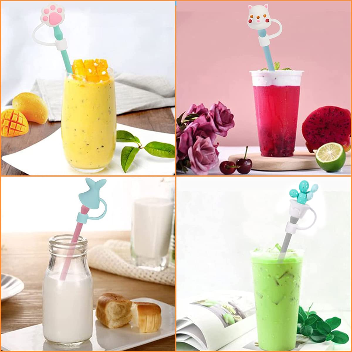 HASTHIP Silicone Straw Tips Cap Lids 12pcs for 6–8 mm Straws with Cute Anti Dust Covers | Reusable Drinking Straw Toppers for Kids