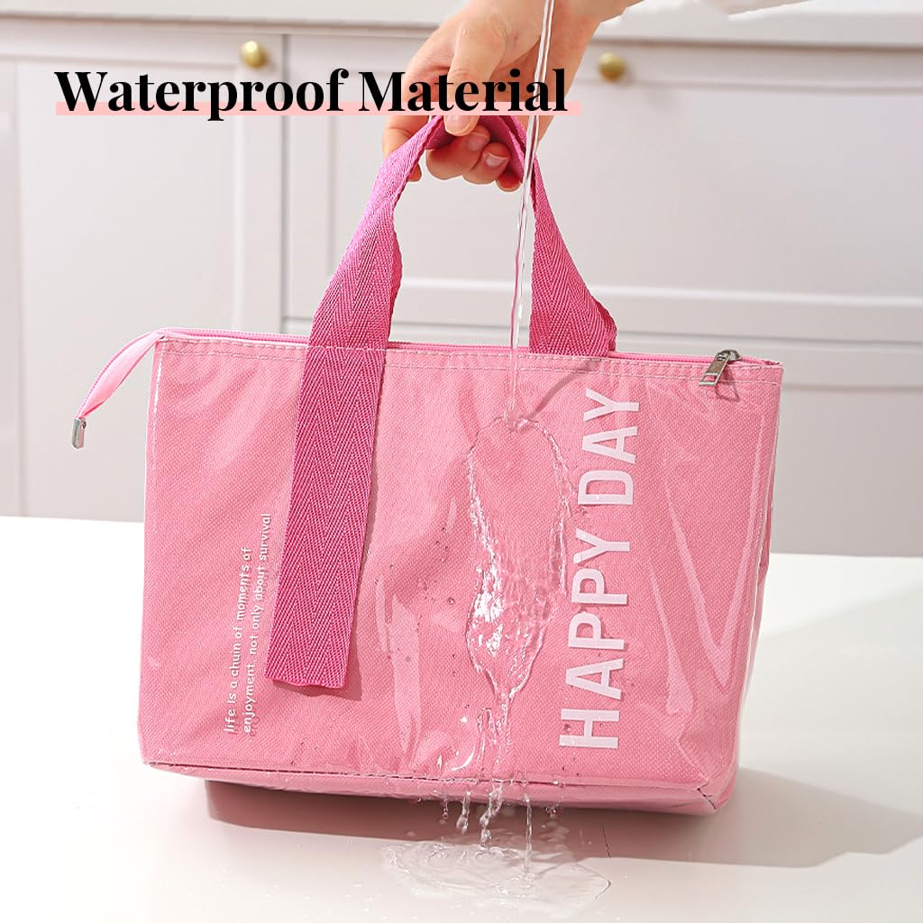 HASTHIP® Pink Thermal Lunch Bag Large Thermal Lunch Box Zipper Hand Bag Waterproof Insulated Liner Fashion Lunch Bag Insulated Lunch Bag Bento Box Bag for School, Office, 26.5x17.20cm