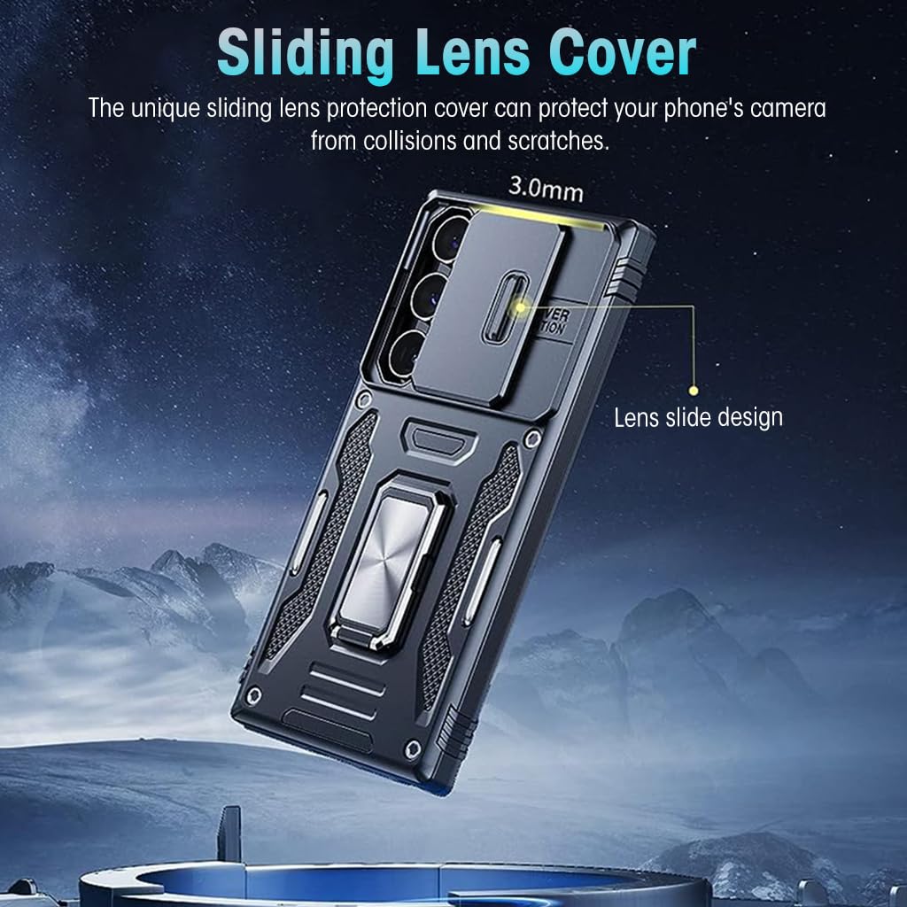 HASTHIP® Galaxy S23 Ultra Case - Black, Slim & Durable Design with Integrated Ring Holder, Sliding Camera Lens Cover, 360° Rotatable Kickstand, Shock Absorption, PC TPU Metal, Anti-Slip