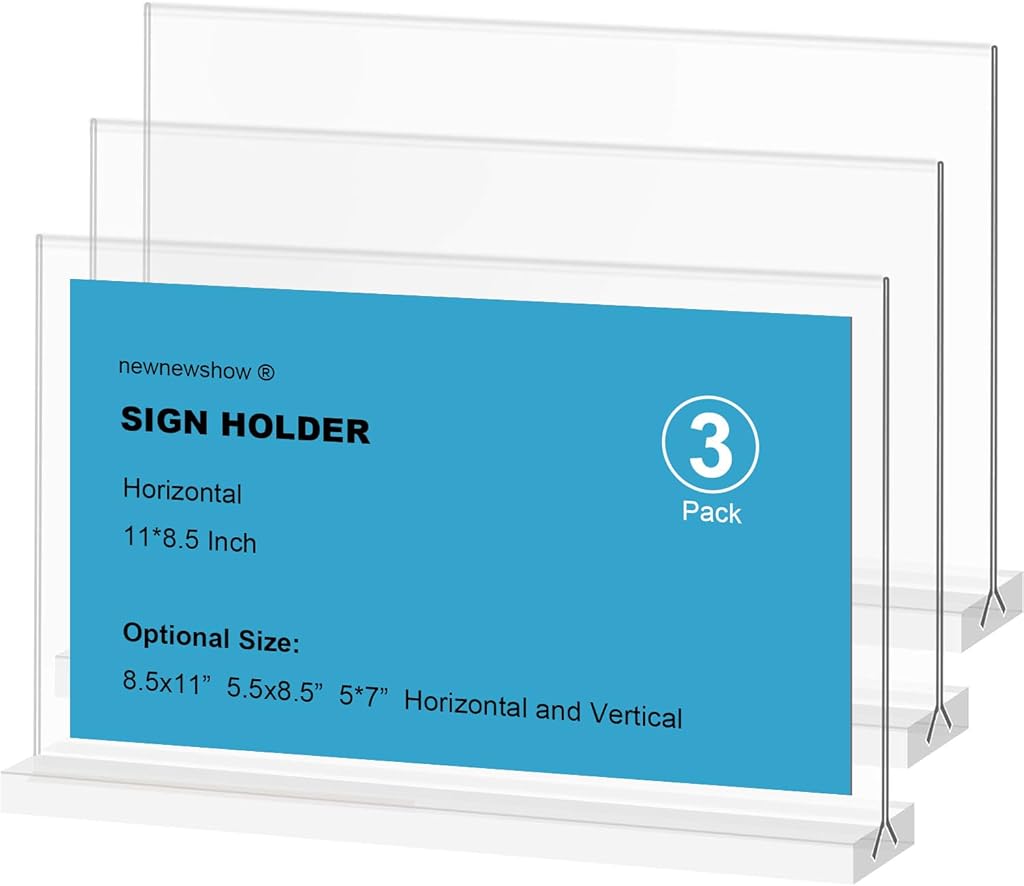 HASTHIP® Acrylic Sign Holder - 11x8.5 Inch 3 Pack Horizontal T Shape Double-Sided Desktop Display Holder.