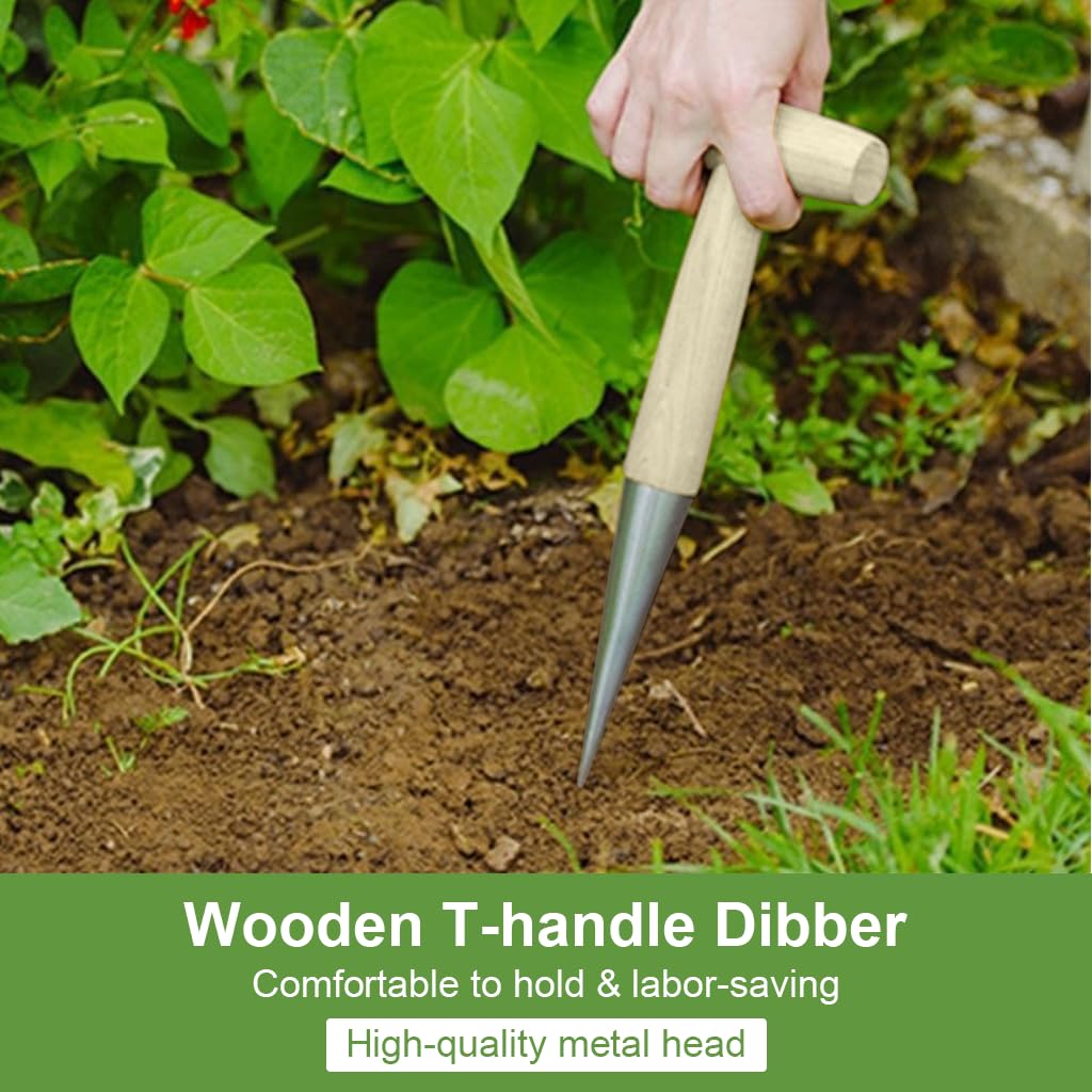 HASTHIP Dibber for Seed and Seedling Planting with 10 in Wooden Handle and Metal Tip | Ergonomic T Handle