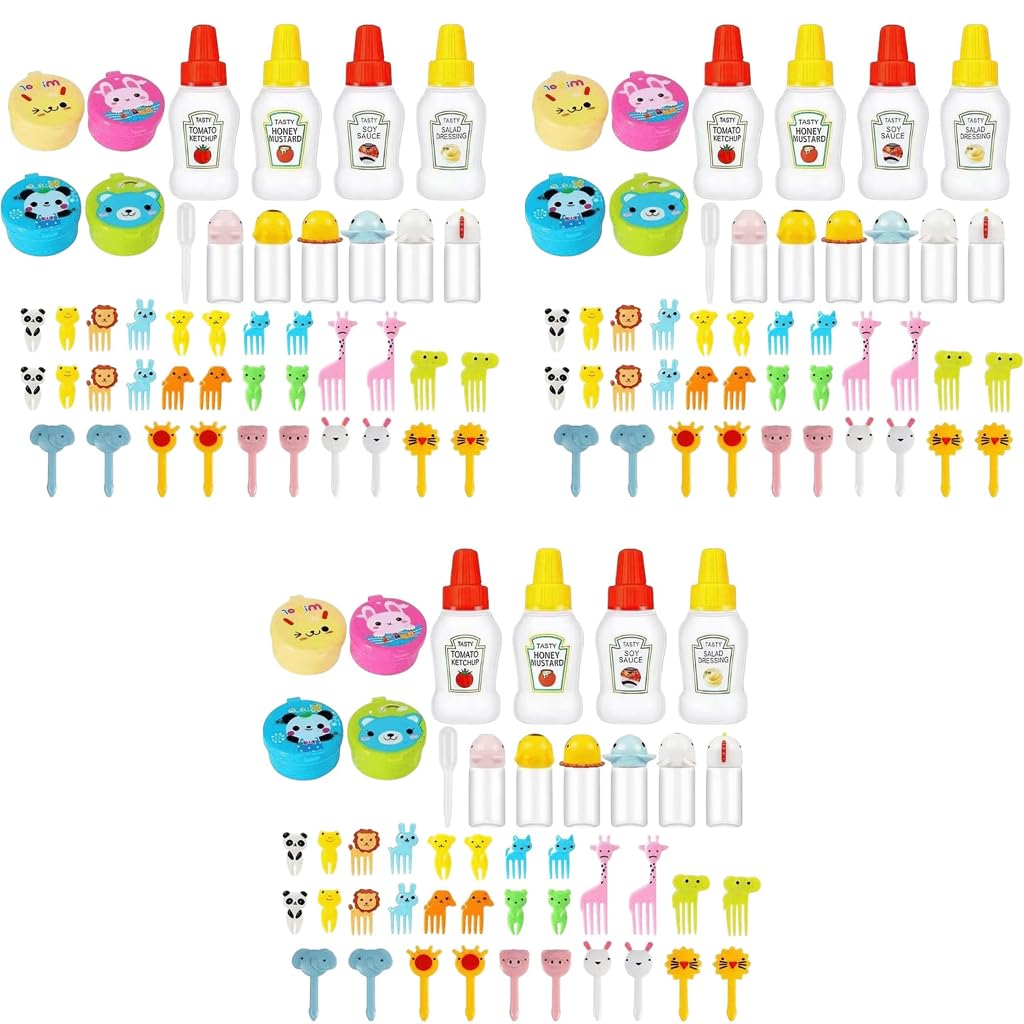HASTHIP Mini Sauce Bottle Set for Kids with 135 pcs Fruit Forks | Portable Lunch Box Dressing Containers
