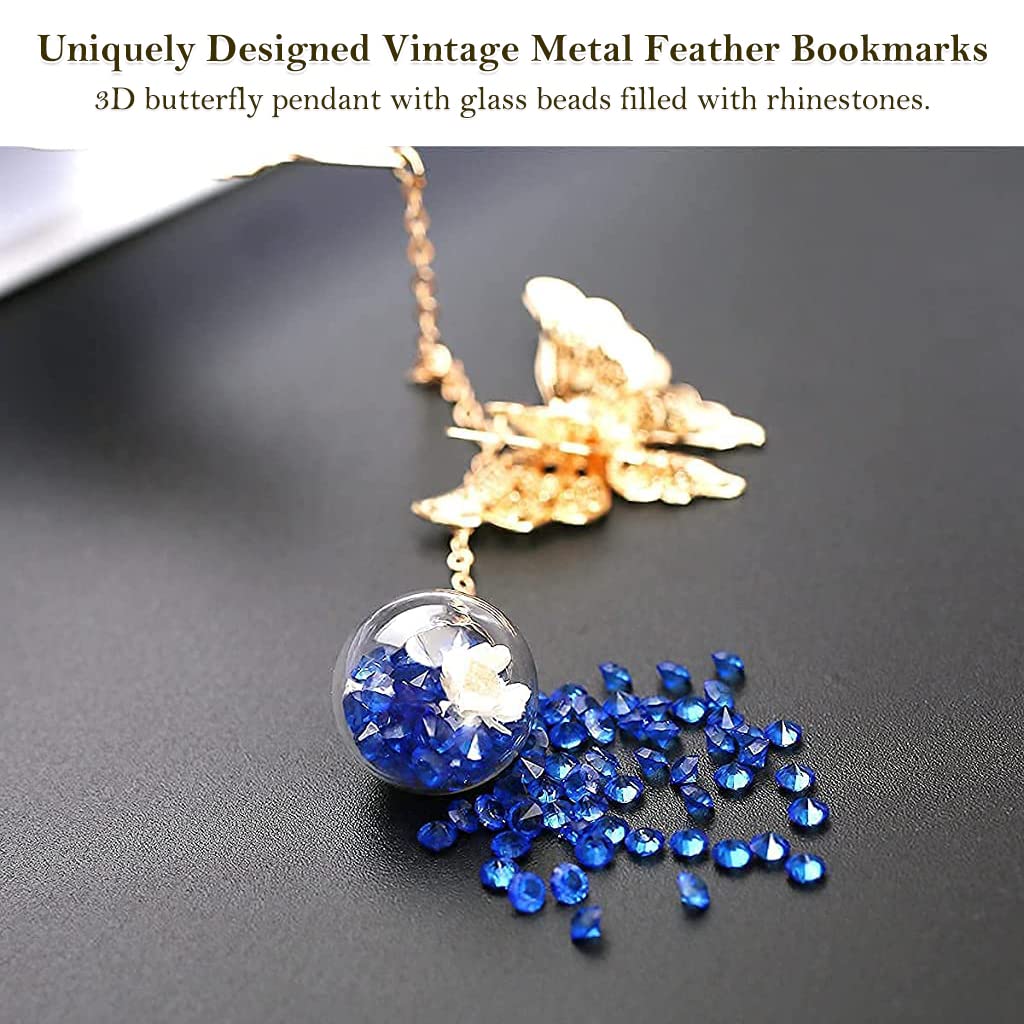 Supvox® Metal Feather Bookmark with Glass Beads Pendant, Vintage Feather Butterfly Bookmark for Reading Enthusiasts and Gifting, Bookmark Gift for Teachers Women Student, Random Color Flowers (Purple)