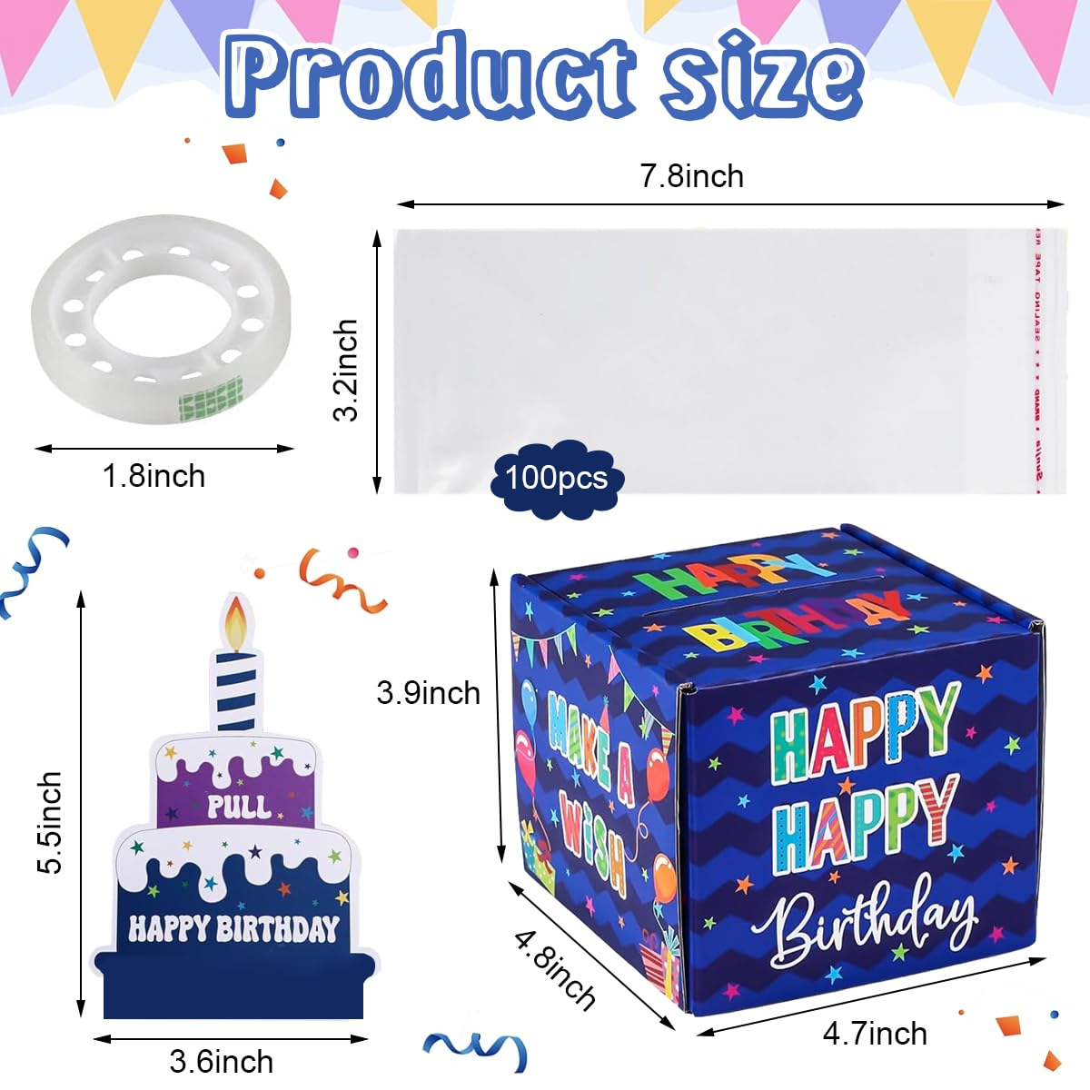 Birthday Money Box for Cash Gift, Surprise Money Pull Out Game for Parties, Pull Out Happy Birthday Day Card and 100Pcs Transparent Bags, Fun Ways to Give Cash as A Gift