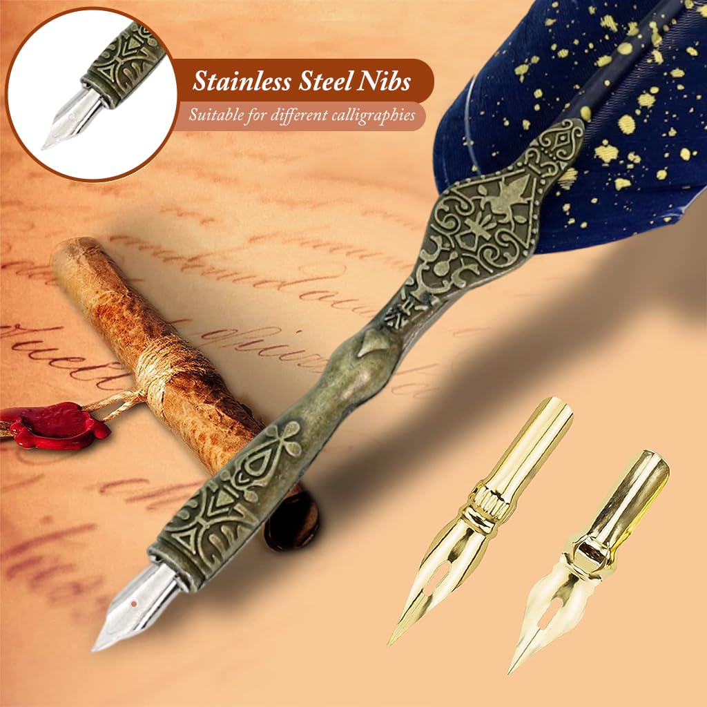 Optifit® Vintage Carving Feather Pen Set, Glittering Quill Pen Set Antique Calligraphy Writing Dip Pen with Black Ink, 2 Replacement Nibs, Pen Stand Base, Luxury Signature Pen