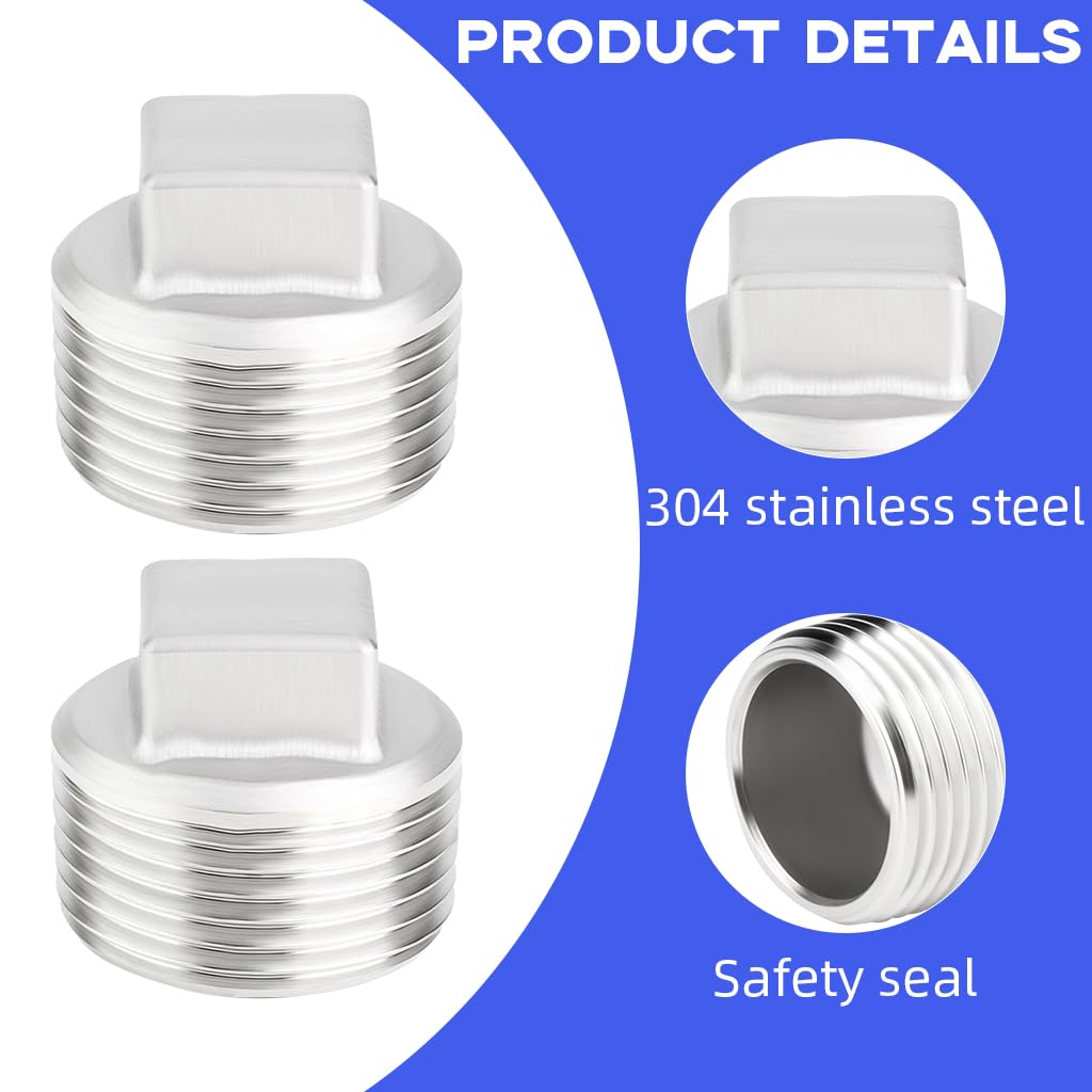 HASTHIP® 2pcs 304 Stainless Steel Pipe Fitting, 3/4'' Square Head Cored Plug Pipe Fastener to Seal The End of The Pipe