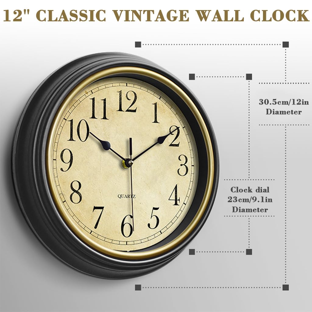 HASTHIP 12-Inch Vintage Silent Quartz Wall Clock Battery Operated