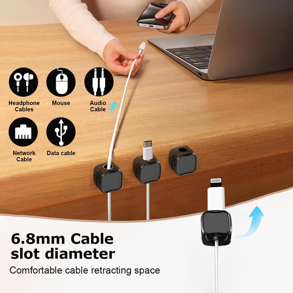 HASTHIP® 6Pcs Magnetic Cable Organizer Cable Clips - Cord Holder, Under Desk Cable Management, Adhesive Wire Holder Keeper Organizer for Home Office Desk Nightstand Phone Car Wall Desktop