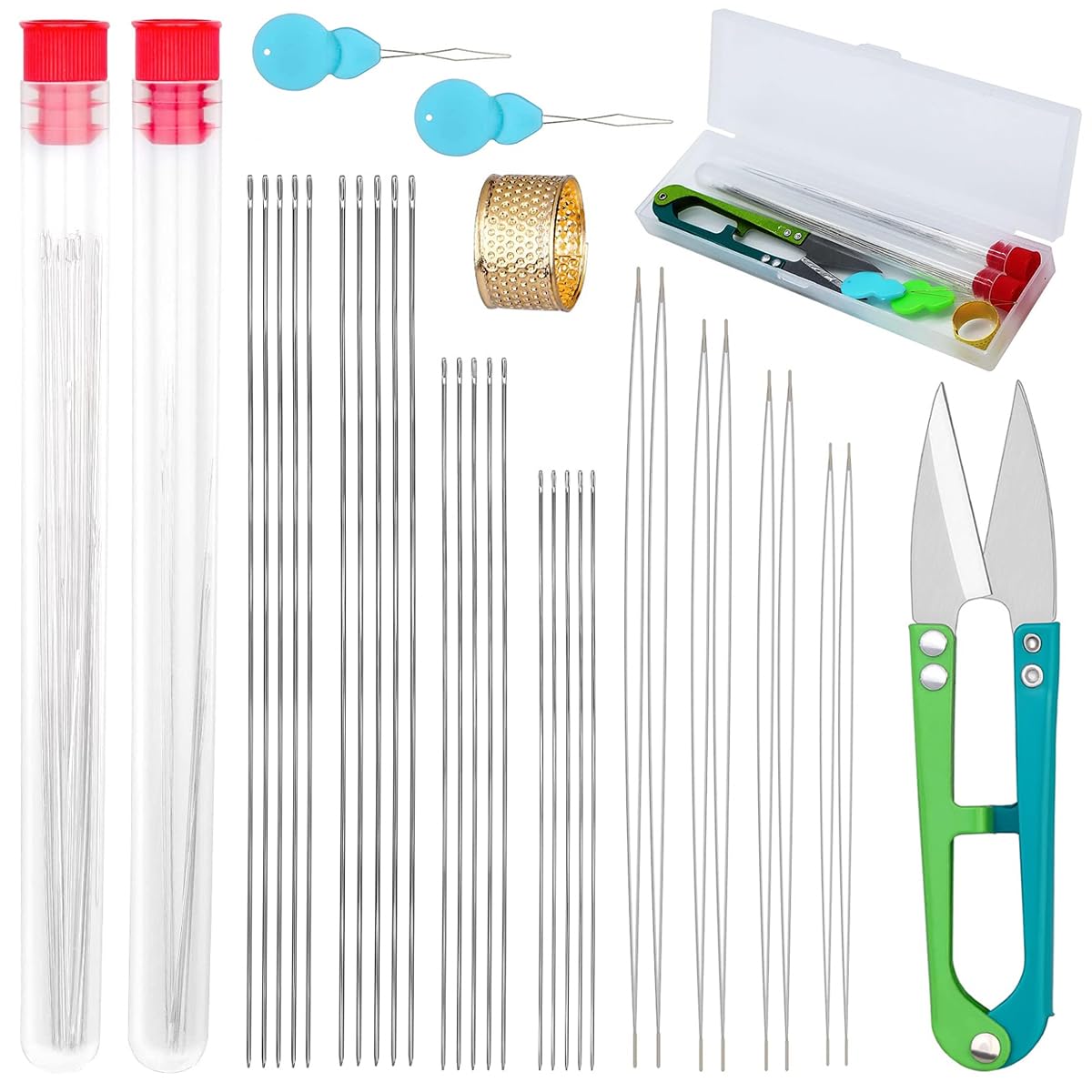 28Pcs Beading Needles Set, 20 Pcs Long Straight Beading Thread Needles and 8 Pcs Big Eye Beading Needles with Needle Bottle, Thimble, Needle Threaders for Bracelets and Jewelry Making