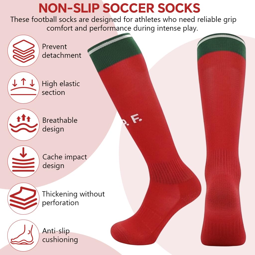 HASTHIP® Sport Compression Football Socks, Portugal Special Edition Football Socks, High Elastic Moisture Wicking Soccer Socks with Striped Cuff, Athletic Over the Calf Dress Socks, Size - M