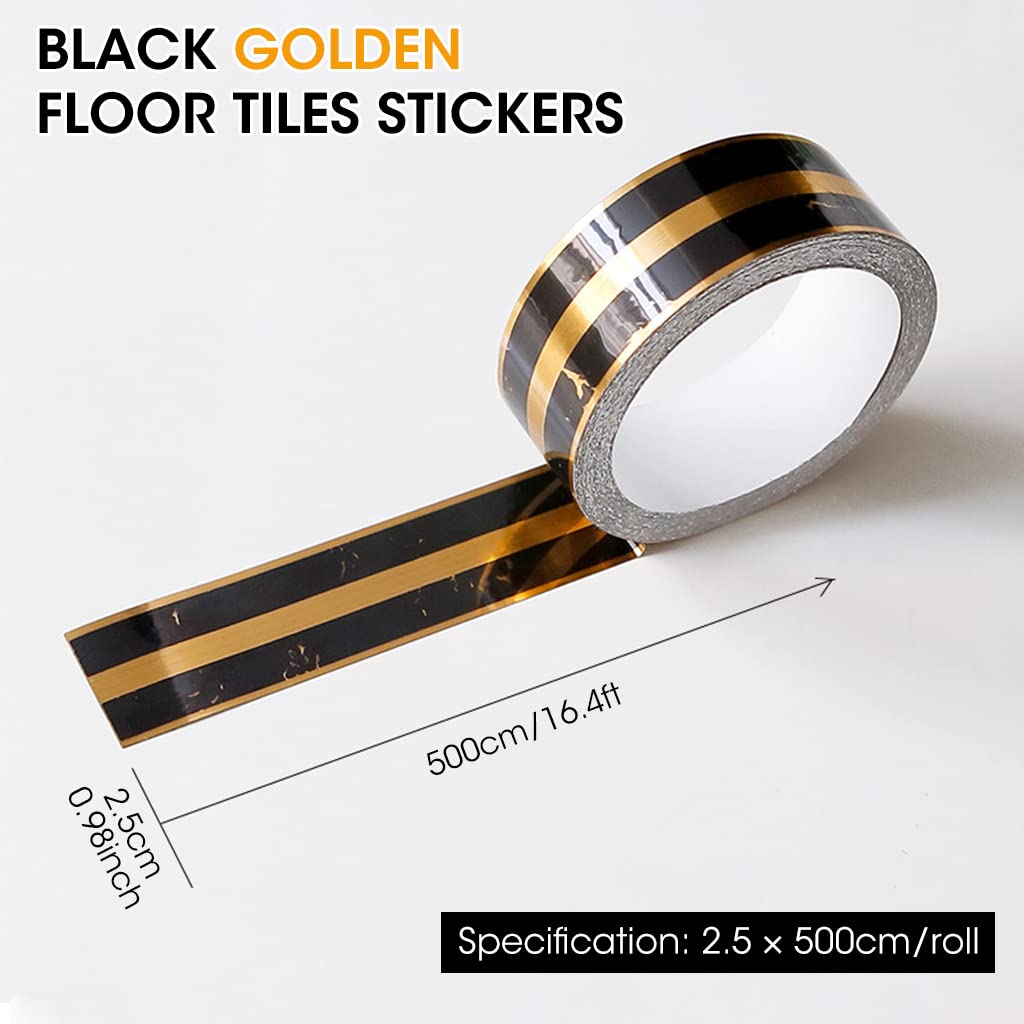 HASTHIP Floor Tiles Stickers for Walls and Floors with Self Adhesive PVC Design 2.5cm×5m | Black Golden Waterproof Tape