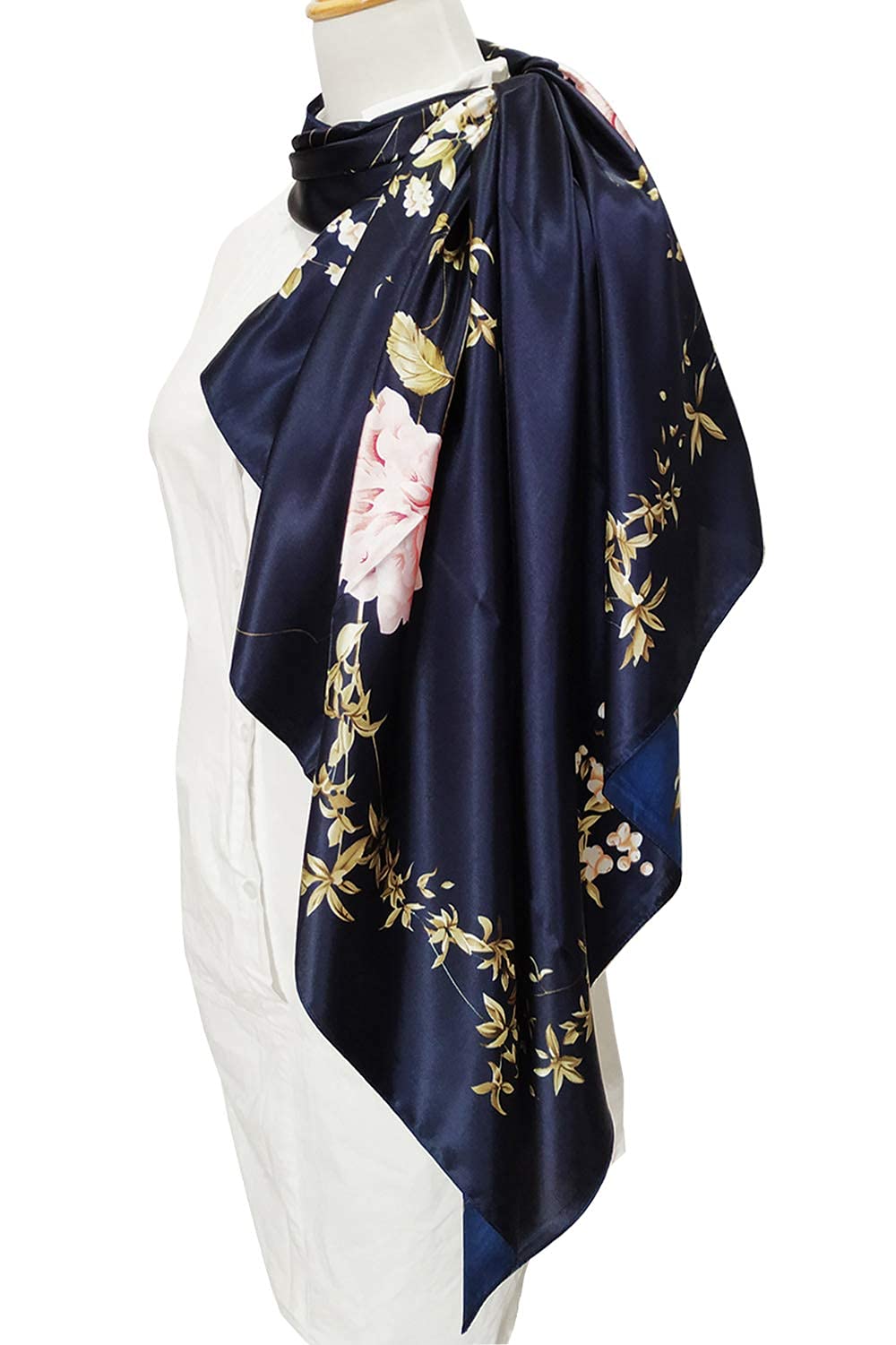 HASTHIP® 2 Pcs 35" Square Scarf for Women, Stylish Satin Silk Scarf, Soft Lightweight Neck Scarf for Office, Travel & Parties, Valentine Gift for Wife, Elegant Floral Prints in Navy Blue & Green