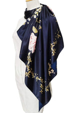 HASTHIP Square Scarf for Women 2 Pcs 35 in Set with Floral Prints in Navy Blue and Green | Soft Satin Silk for Office Travel and Parties