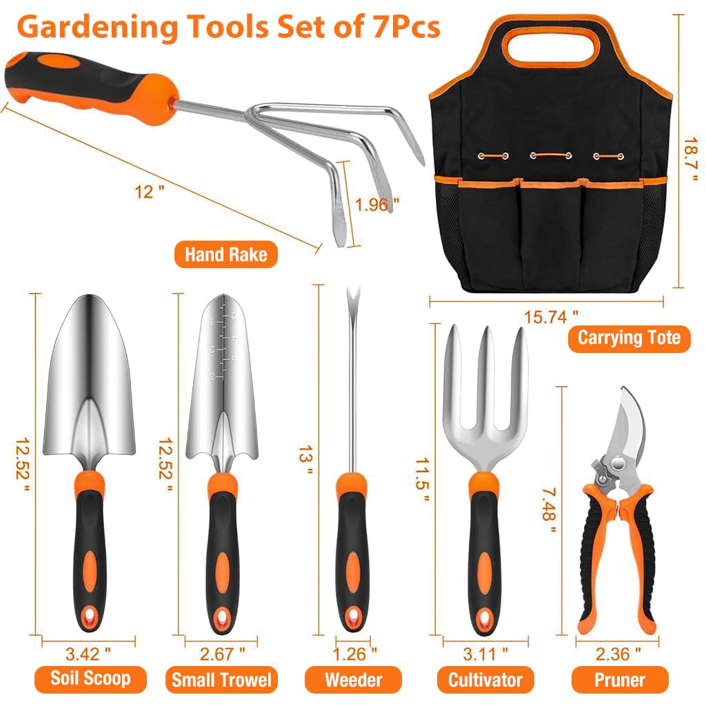 HASTHIP® Gardening Tools Set of 7Pcs Heavy Duty Stainless Steel Garden Planting Tools Home Gardening Tool Set with Pruning Shear, Gardening Fork, Trowel, Shovel, Weeder Tool, Seeding Tool, Tool Bag