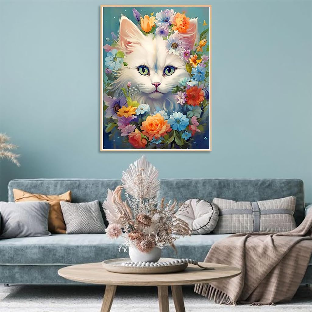 Diamond Painting Kit - 12x16inch White Cat Diamond Painting Kits, 5D Diamond Painting Kit for Adults & Kids, Very Suitable for Home Leisure and Wall Decoration, Gift for Kids and Adults