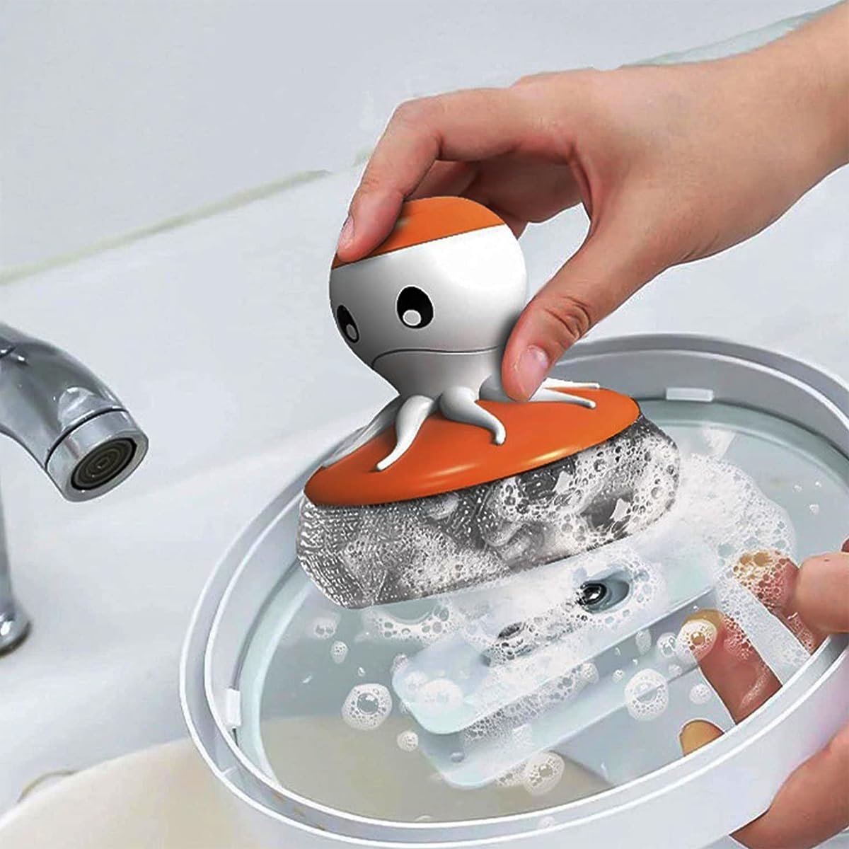 HASTHIP Cute Octopus Dish Brush for Kitchen Cleaning with Soap Dispensing Handle and Stainless Steel Scrubber | Wall Mounted Tray Set