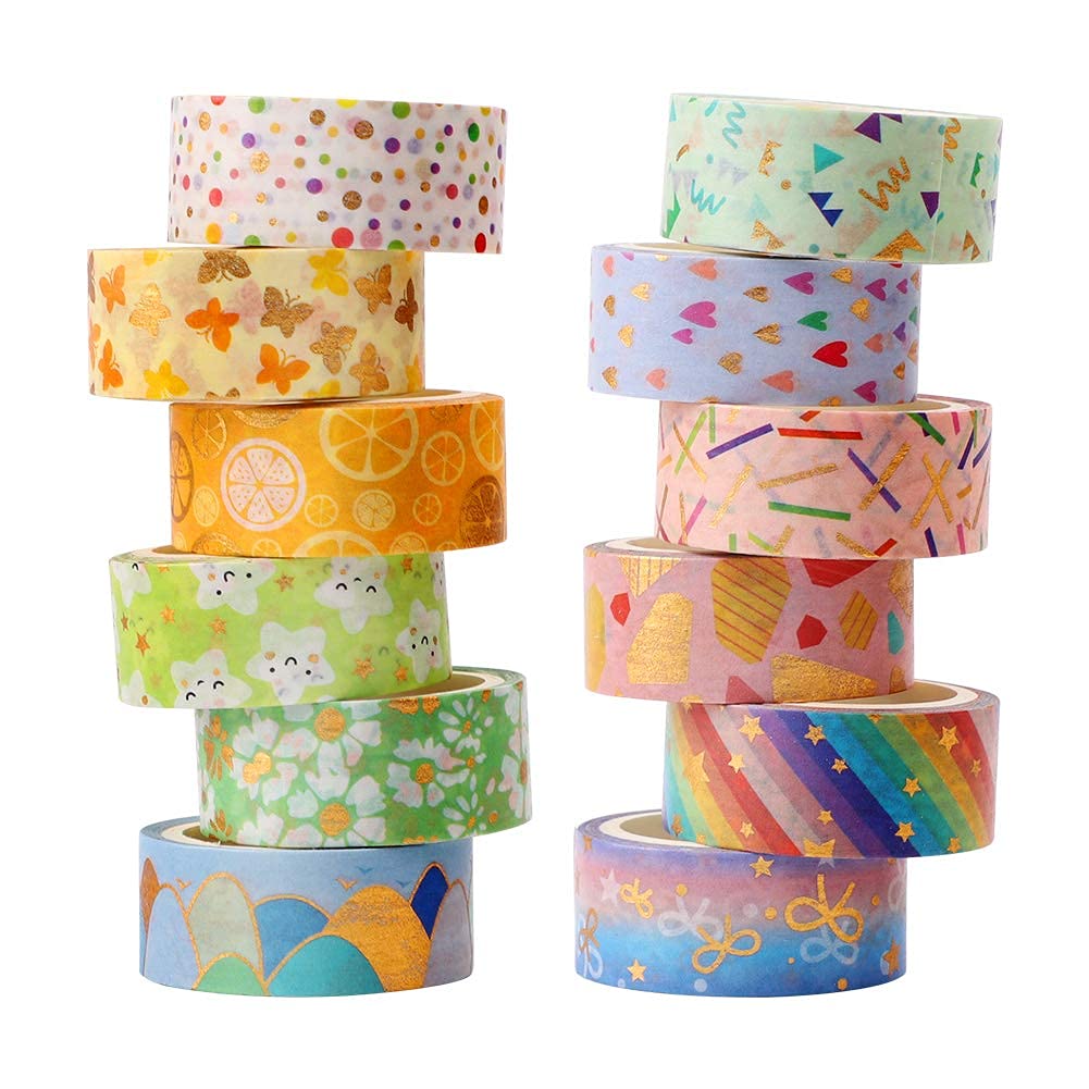 HASTHIP Decorative Masking Tape for Scrapbooking and Gift Wrapping 12 Rolls 15mm | Gold Foil Flower Washi in Yellow