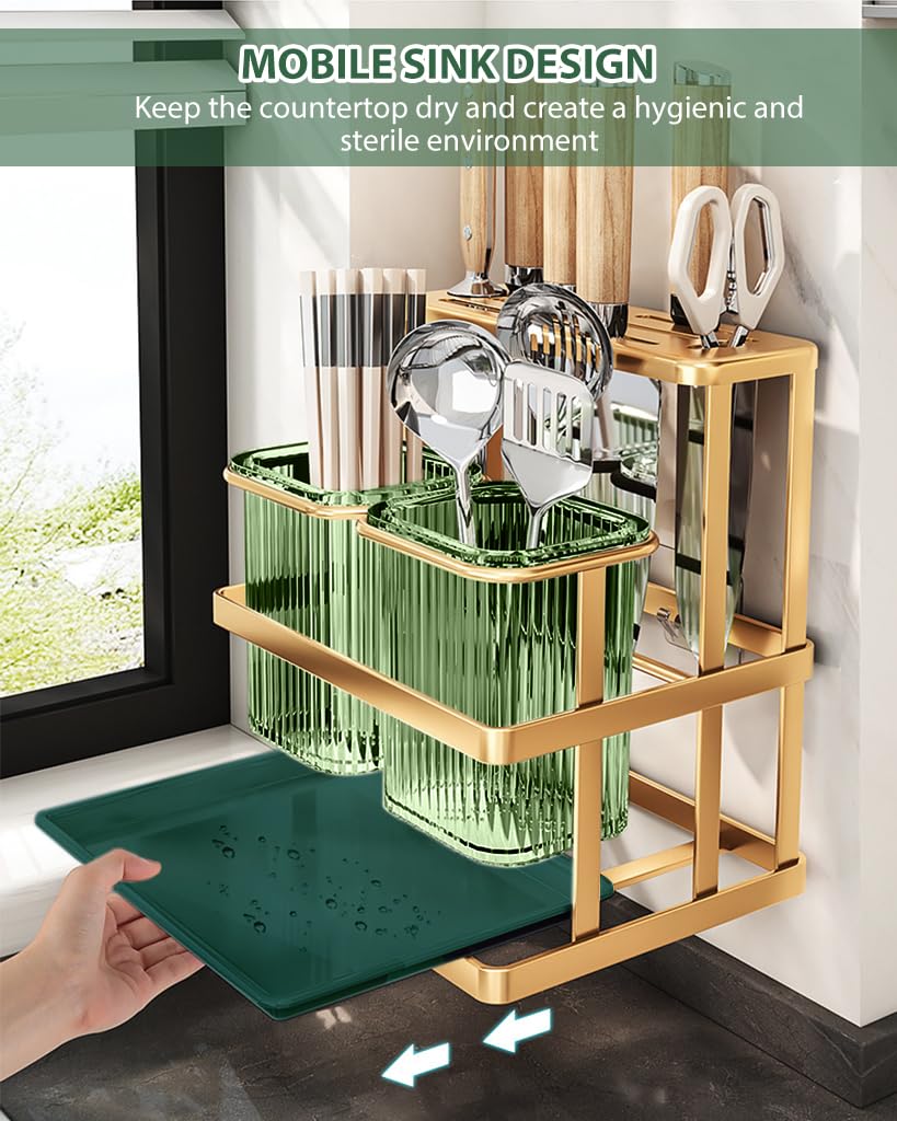 HASTHIP Kitchen Organizer Rack for Countertop and Wall Mounting with Dual Cutlery Cases | 20x15x22cm Carbon Steel Golden Finish