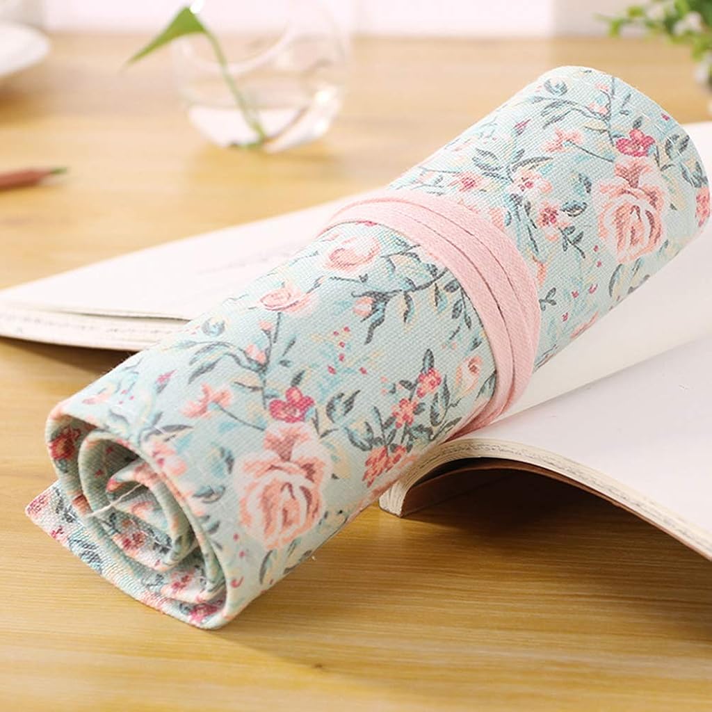 HASTHIP® Canvas Handmade Knitting Pencil Roll Wrap Holder, Large Capacity 48 Slots Pencil Case, Multi-Compartment Portable Canvas Pouch Organizer for School Office Art Supplies, Pink