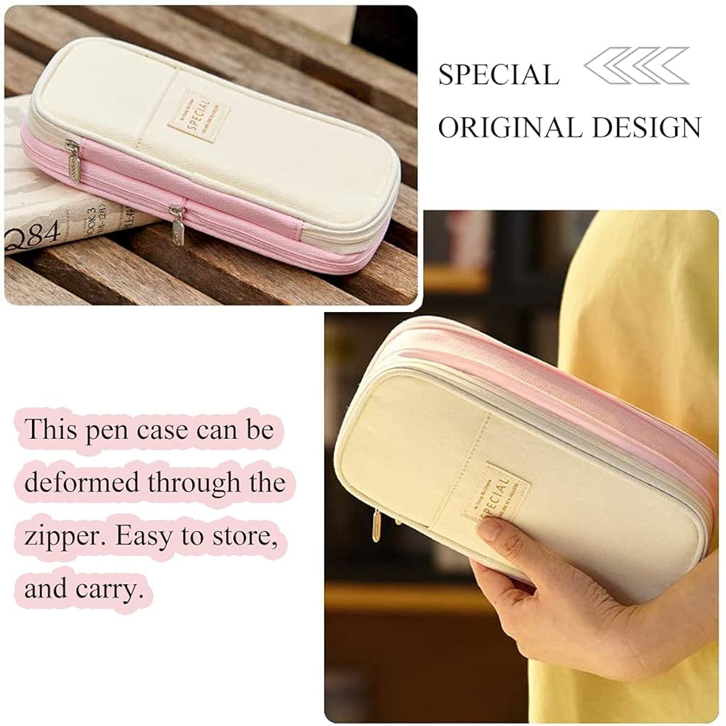 HASTHIP® Large Capacity Pencil Case Durable Storage Multiple Compartment Double Zipper Portable Pouch for College Student Teen 3PCS