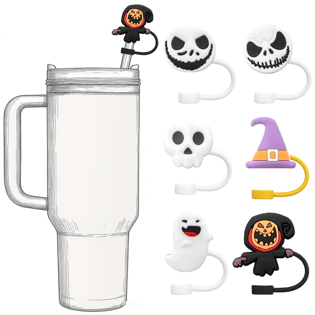 HASTHIP Silicone Straw Caps for 8-10mm Straws with Anti-Lost Loop and Dustproof Design | 6Pcs Halloween Cartoon Drinkware Accessory