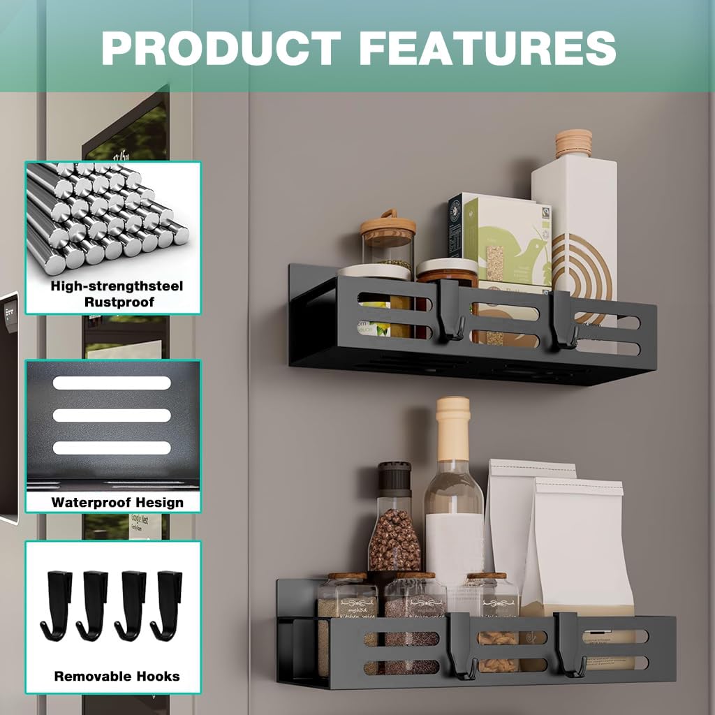 HASTHIP Spice Rack for Refrigerator featuring Dual Size Magnetic Racks 10.66 and 11.4 in | Black Storage Shelves for Kitchen and Bathroom