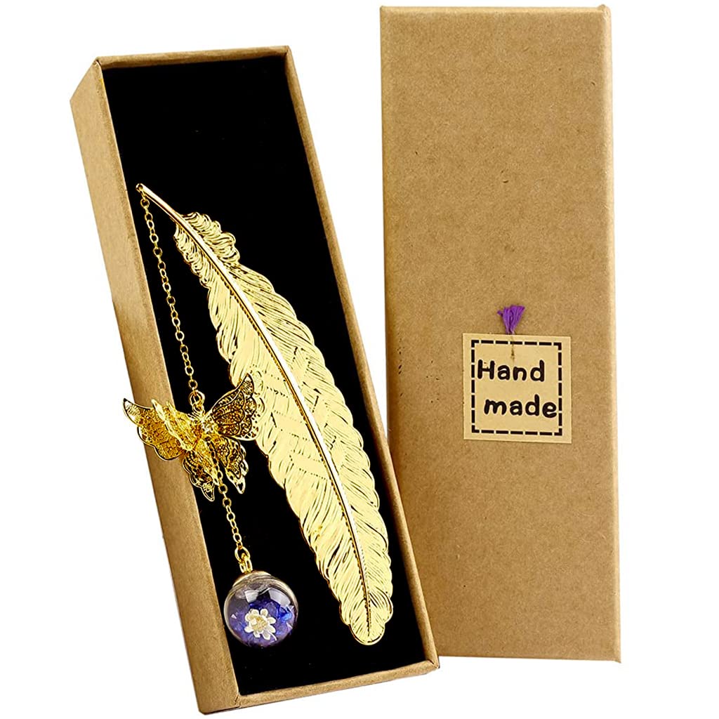 Supvox® Metal Feather Bookmark with Glass Beads Pendant, Vintage Feather Butterfly Bookmark for Reading Enthusiasts and Gifting, Bookmark Gift for Teachers Women Student, Random Color Flowers (Purple)