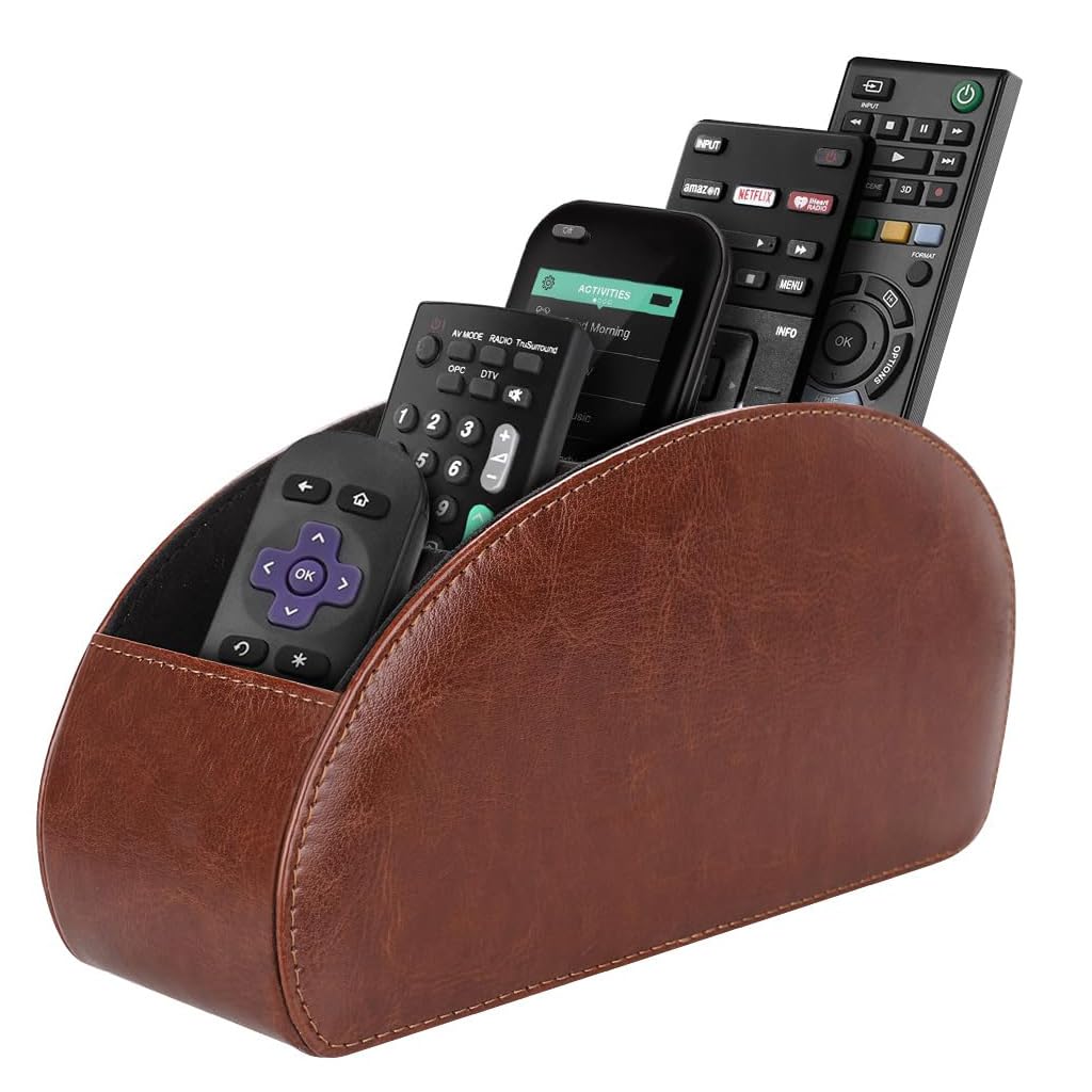 HASTHIP Remotes Organizer for Desk and Living Room featuring 5 Compartments | PU Leather Holder
