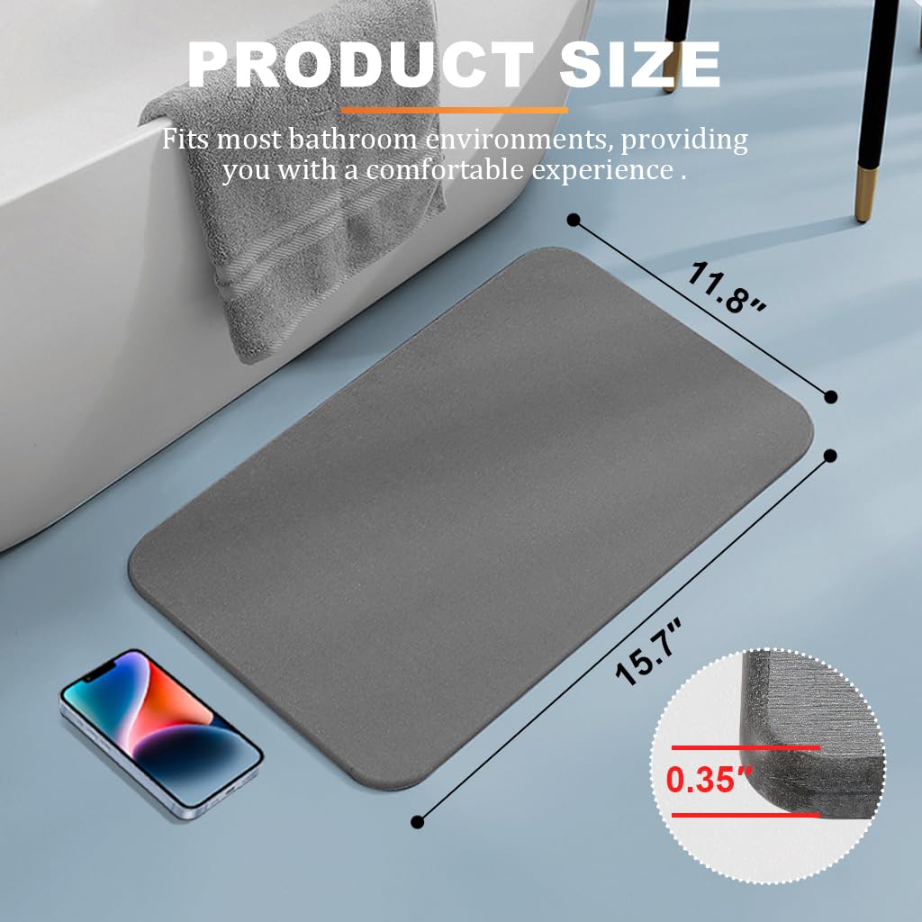 HASTHIP Bath Mat for Bathroom with Double Sided Anti Skid Base 15.75x11.8 in Grey | Quick Dry Diatomaceous Earth Surface