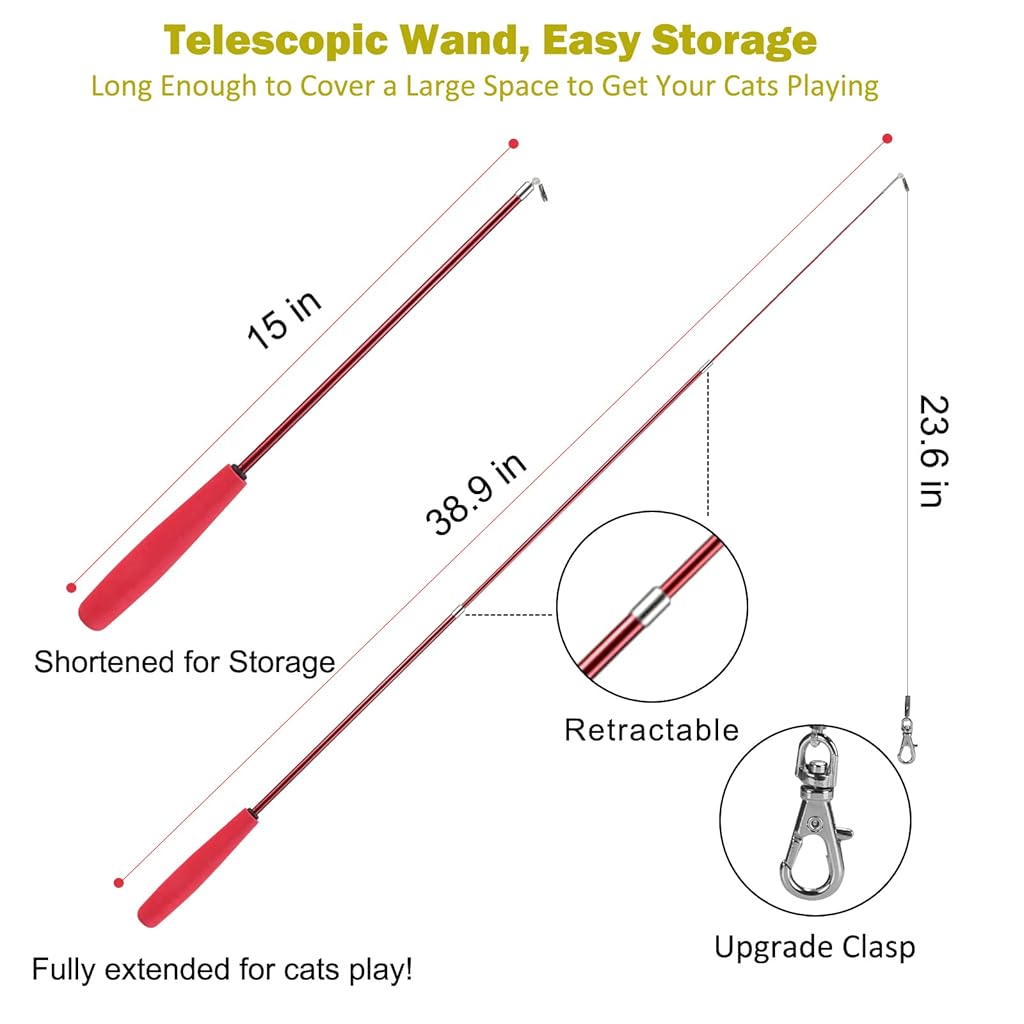 HASTHIP® Cat Teaser Toy, Feather Toy for cat 11 Pcs Cat Toy Set with 2 Retractable Teaser Wand & 5 Feather Teaser Toy & 4 Worm Teaser, Interactive Cat Toys for Kitten to Play Chase Activity Exercise