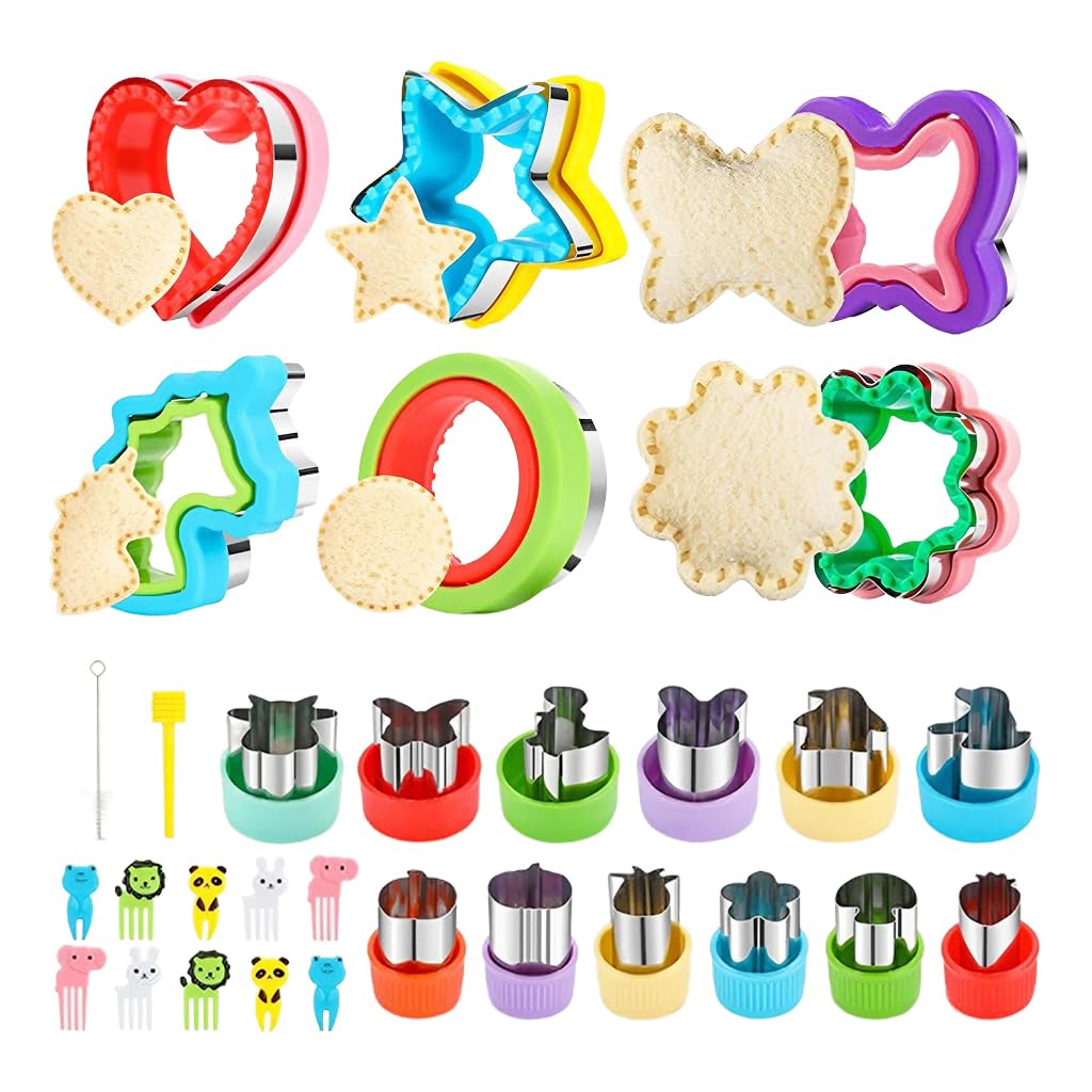 HASTHIP® 30Pcs Kids Sandwich Cutter and Sealers Biscuit Cutter Fruit Fork Set Stainless Steel Sandwich Cutter and Sealers Cartoon Biscuit Mold Easter Biscuit Mold DIY Baking Supplies