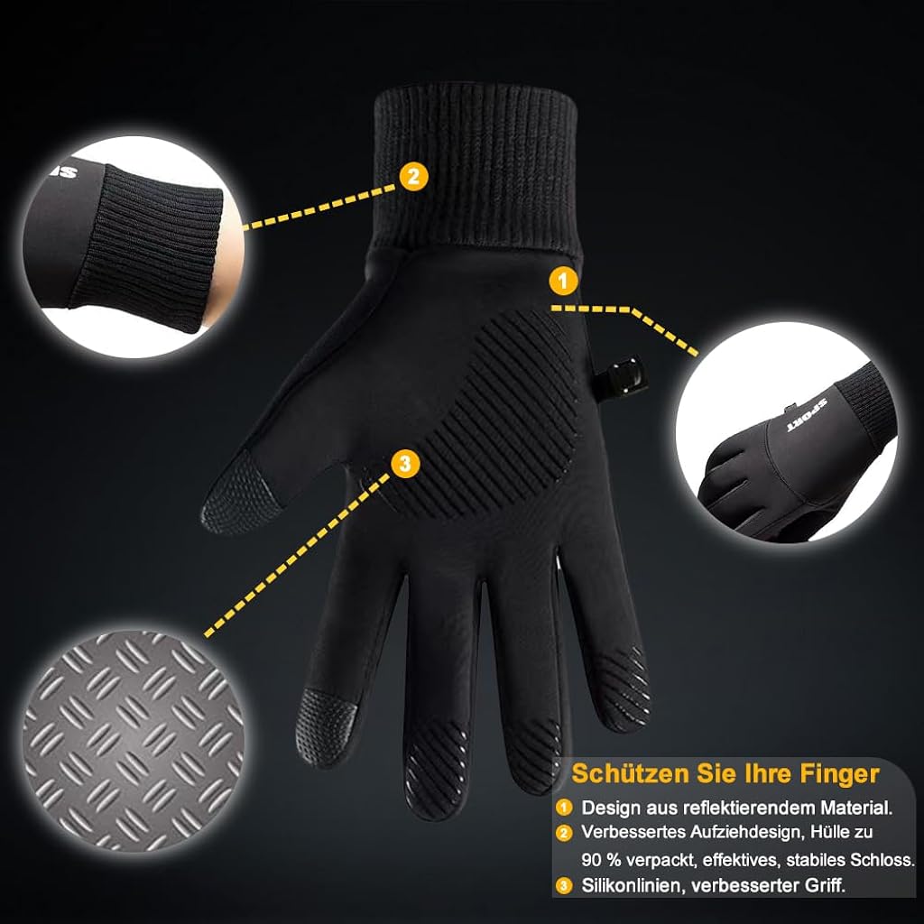 HASTHIP® Black Cycling Gloves, Warm Winter Gloves, Water-Repellent, Touchscreen Gloves, Windproof Running Gloves, Non-Slip for Men and Women, for Running, Cycling, Climbing