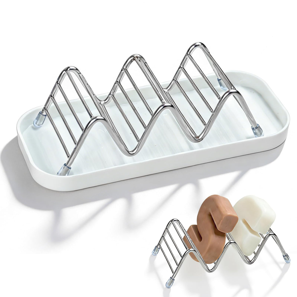 HASTHIP® Stainless Steel Soap Holder with Drip Tray, Wavy Wire Soap Dish, Rustproof Bathroom Soap Rack with Drainage Tray for Sink, Shower & Kitchen