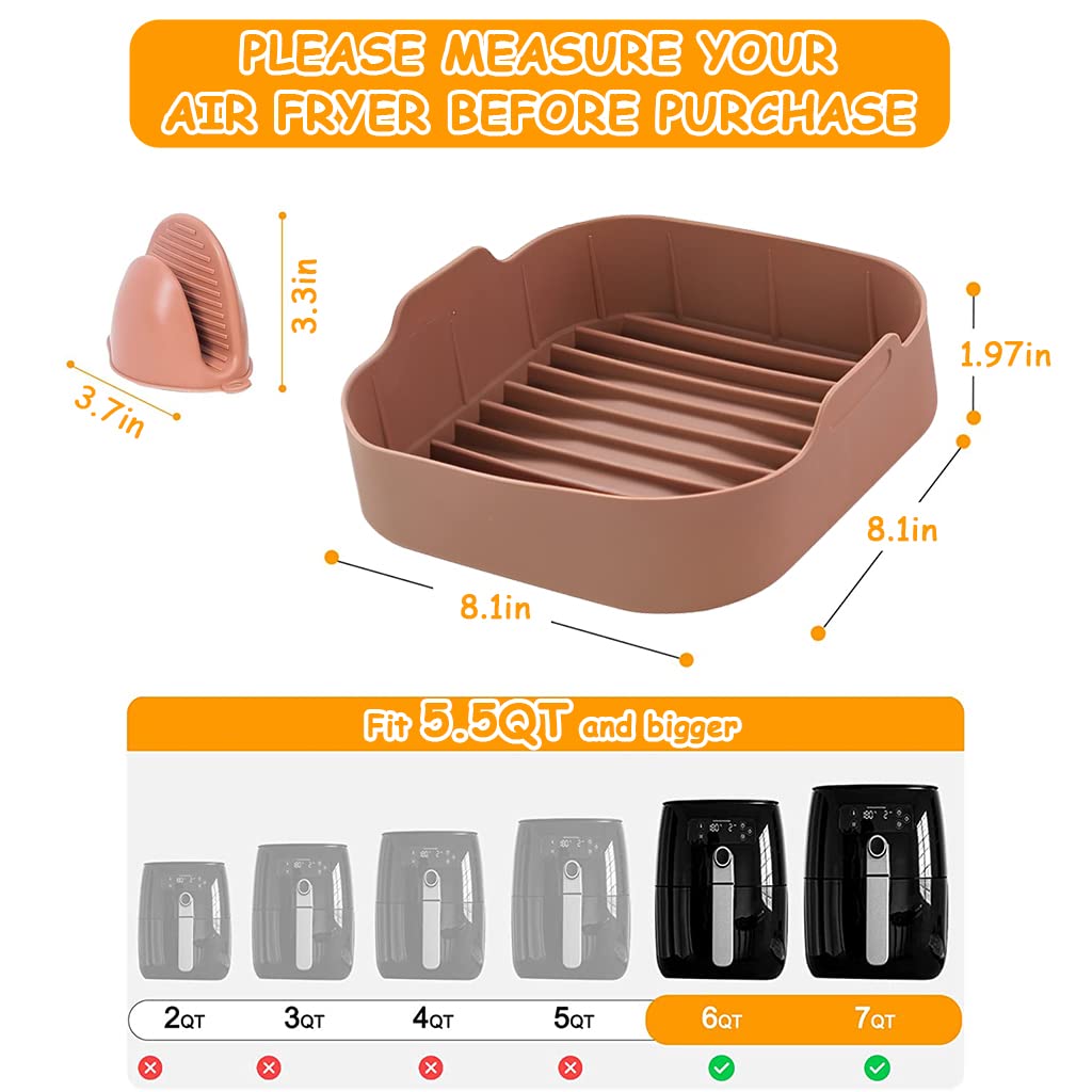 Air Fryer Reusable Silicone Pot with 2 Anti-Scald Oven Mitt, 8.1-inch Non-Stick Air Fryer Liners with Ear Handles, Air Fryer Accessories, Food-Grade Air Fryer Basket, for 6 QT (Pink)