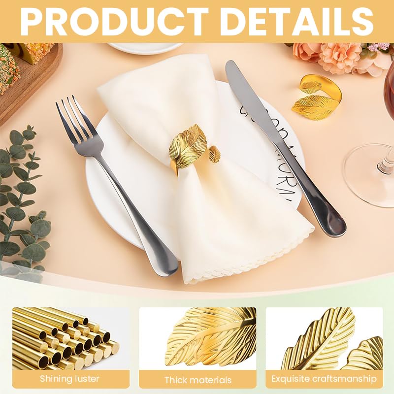 HASTHIP Napkin Rings Set of 12 for Weddings and Parties with Gold Leaf Design | Alloy Table Decor