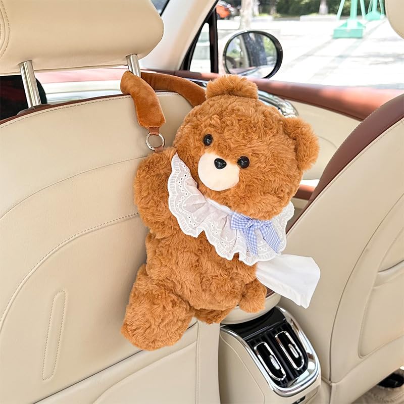 HASTHIP® Soporte de Pañuelos para Coche de Peluche Suave con Diseño Oso Lindo,Organizador 2 en 1 con Cubo Basura Impermeable y Caja Reposabrazos Antivibración,Compatible la Mayoría d