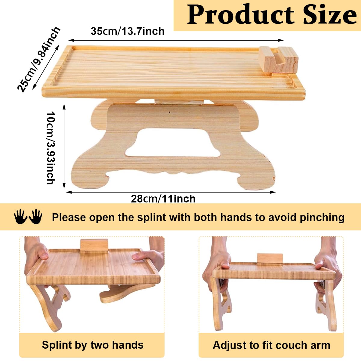 HASTHIP Sofa Armrest Wooden Tray for Work and Relaxing with 360° Rotatable Phone Holder | Eco-Friendly Bamboo Folding Table