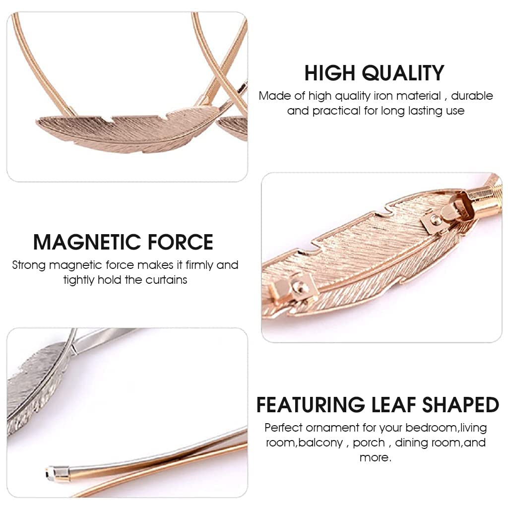 HASTHIP Curtain Tiebacks for Home and Office with 35cm Elastic Alloy Strap featuring Snap Buckle | Gold Feather Decor Pair