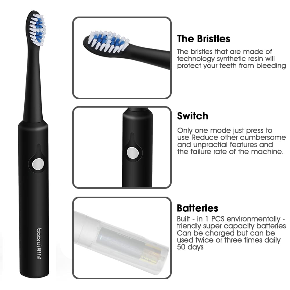 HASTHIP® Elephantboat Sonic Electric Tooth Brushes For Adult Battery Used For 50 Days Provided 40000 Strokes Per Minute, With 3 Replacement Brush Head,Black