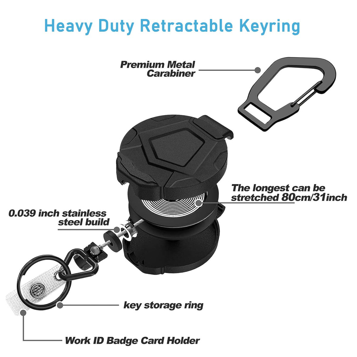 Heavy Duty Retractable Keychain with Carabiner, Retractable ID Badge Holder Clip Retractable Badge Reel with 31.7" Steel Retractable Cord, Multitool Carabiner Anti-Lost Key Chain Holder