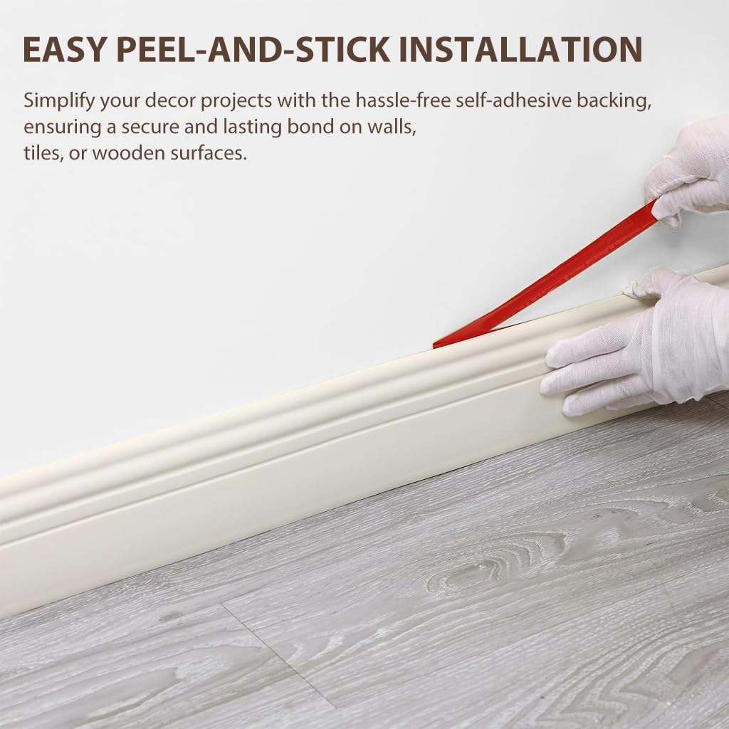 HASTHIP Flexible Baseboard Molding Trim for Home Decoration with Peel and Stick NBR | 78.74×3.9 in Cuttable Milky White Finish