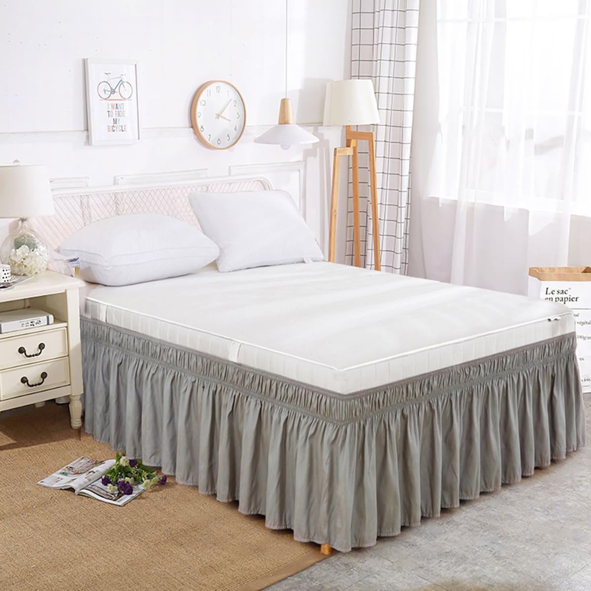 HASTHIP Bed Skirt for Single Bed 75x39 Inches with 15 Inch Drop and Pleated Ruffled Design | Grey Polyester Cotton Dust Cover