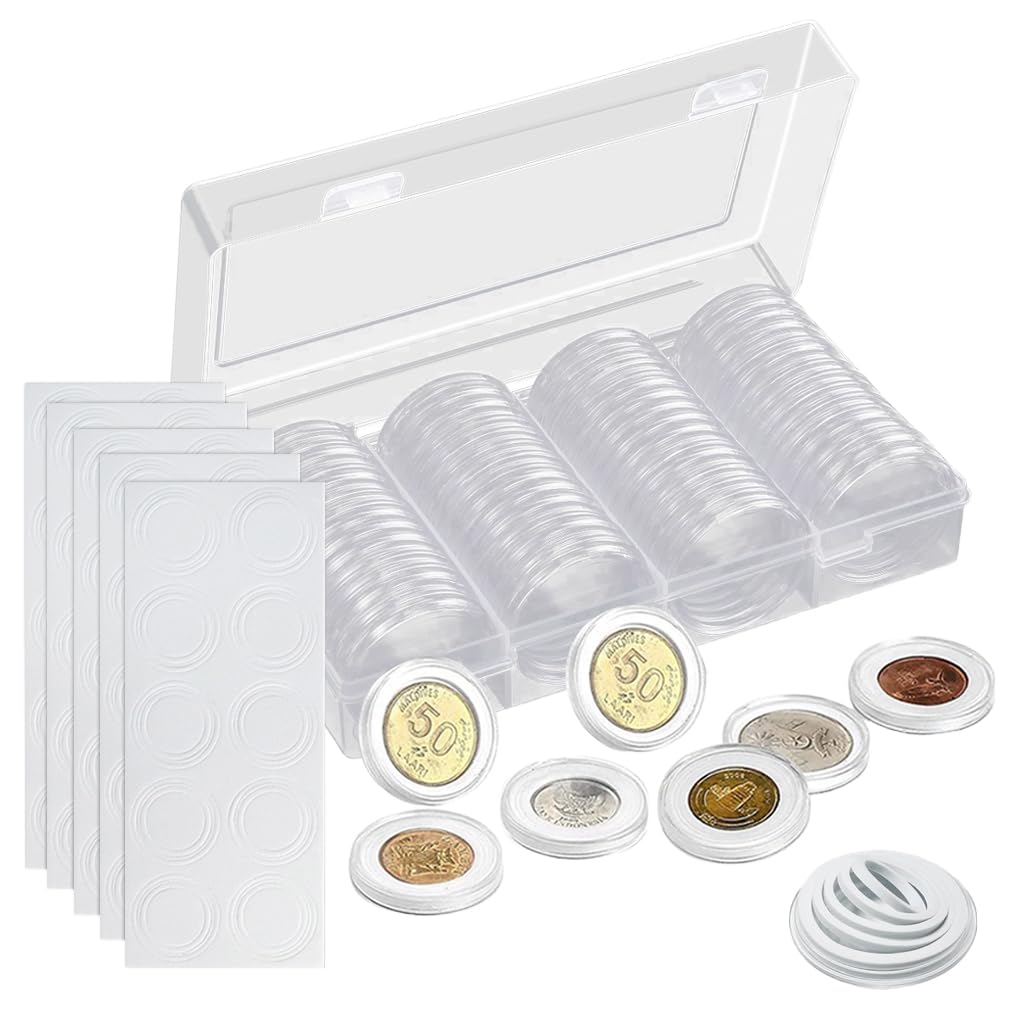 HASTHIP® 60 Pcs Coin Box with 5 Sizes Protective Gasket, Clear Plastic Coin Capsule Holder for 17-40mm Coins, Tokens, Medals, Collecting Storage Organizer