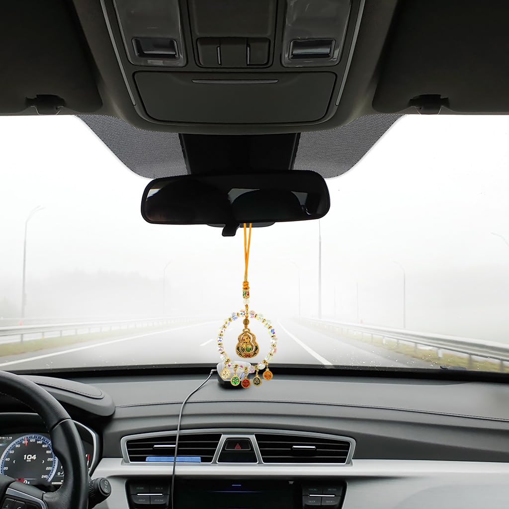 HASTHIP Car Hanging Ornament for Rearview Mirror featuring Golden Alloy Gourd and Crystal Beads | Good Luck Car Decor Gift