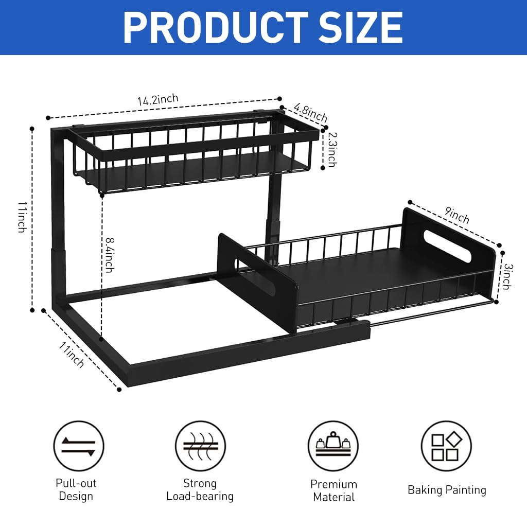 HASTHIP® Kitchen Organizer Rack 2-Tier Pull Out Sliding Kitchen Oragnzier Rack Multi Purpose Metal Organizer Rack Seasoning Jar Organzier Under Sink Organizer Rack