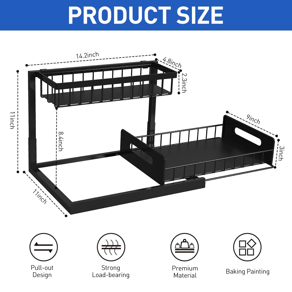 HASTHIP Under Sink Organizer for Kitchen and Bathroom with 2 Tier Pull Out Metal Shelves | Sliding Storage Rack