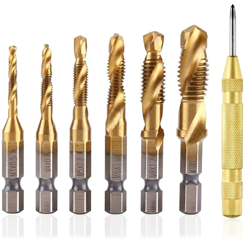 7 Pcs 1/4" Hss Spiral Hex Shank Combination Drill Screw Tap Bit Set (M3-M10) with Automatic Spring Loaded Center Punch Tool, Tap Drill Bits Threading Drill Bit Threading Bit Tool, Brass