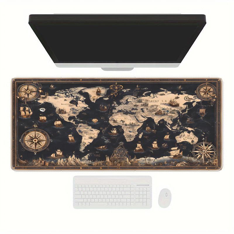 HASTHIP® Alfombrilla de Ratón Grande 900x400x3mm, Mapa del Mundo Vintage Náutico, Base Antideslizante, Superficie Impermeable y Bordes Cosidos, Ideal para Oficina, Hogar y Juegos
