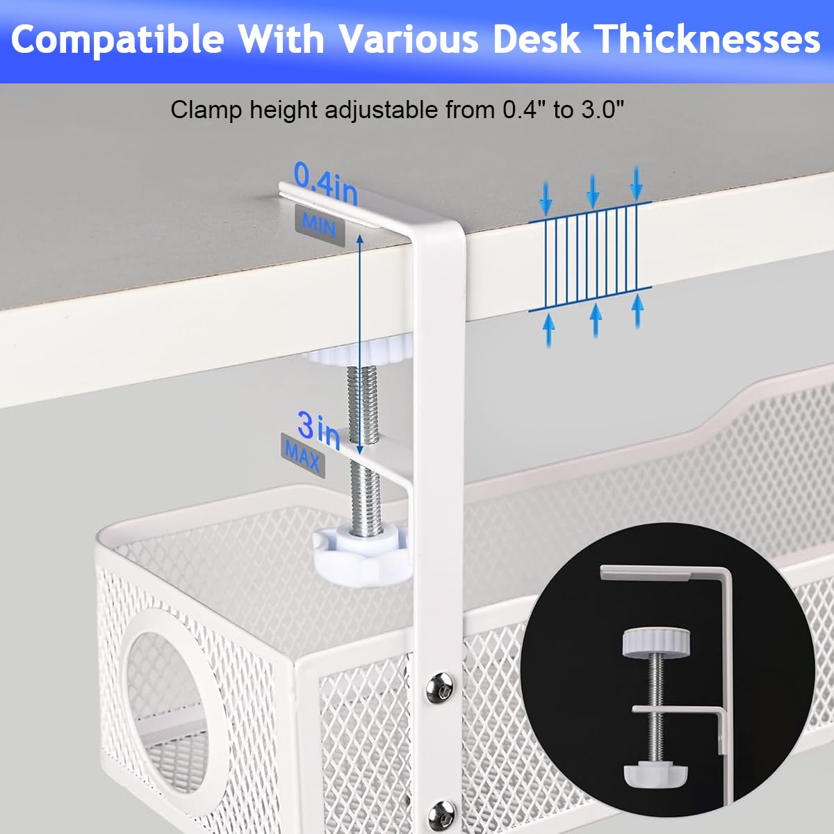 HASTHIP® No Drill Under Desk Cable Management Tray, Adjustable Metal Wire Organizer Rack with Clamp for Cord, Power Strip & Network Cable Storage, Office Or Home Use, 13x4.7x3.1 inches (White)